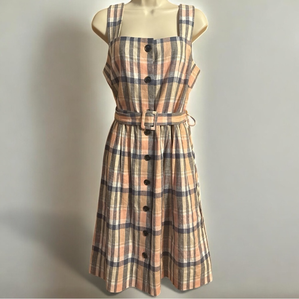Gal Meets Glam Linen Blend Plaid Pink Navy Belted Button Front Midi Dress 14P